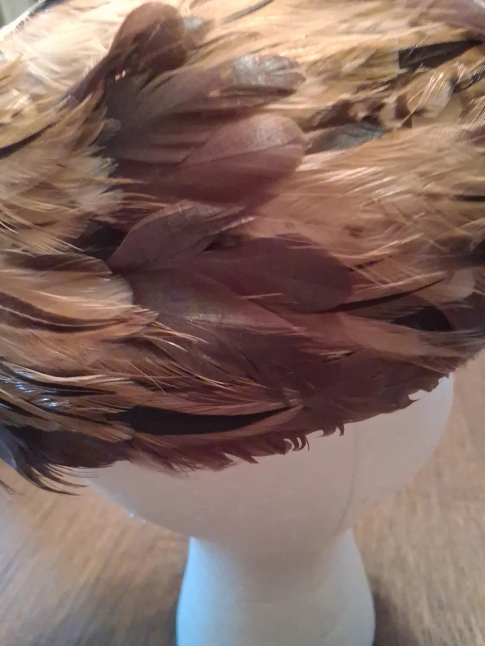 Large Feather Cloche Hat in Brown and Tan